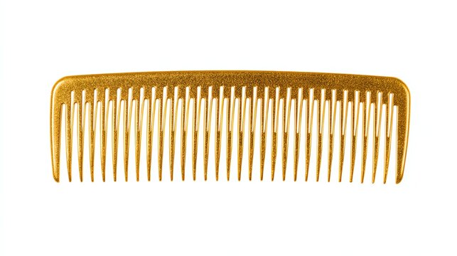 Gold comb on white background, perfect for hair styling and grooming.