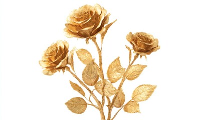 Golden roses with leaves, white isolated background.