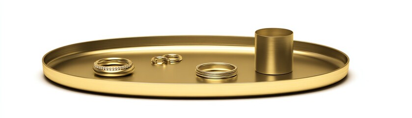 Gold tray with various objects on a white isolated background.
