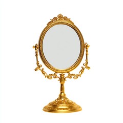 Elegant vintage golden mirror with ornate detailing, white isolated background.