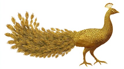 Golden peacock with a vibrant and elaborate tail, isolated on a white background