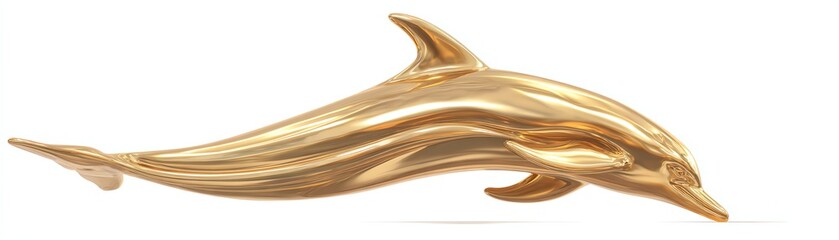 Stylized golden dolphin sculpture, white isolated background.