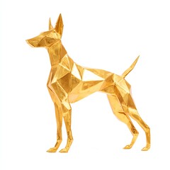 Golden origami dog sculpture, artistic and modern design on white isolated background.