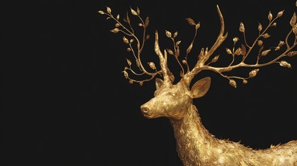 Golden deer sculpture highlighting nature's beauty on black background.
