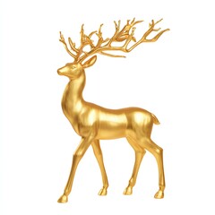 Elegant golden deer sculpture with intricate antlers on a white isolated background.