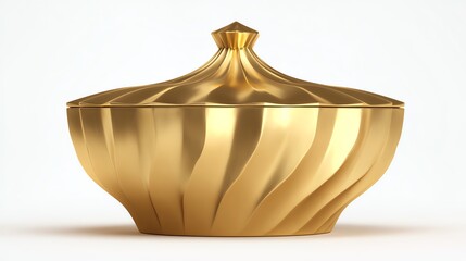 Elegant golden decorative bowl with a unique swirl pattern, white isolated background.