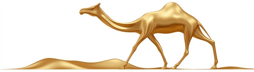 Golden camel silhouette walking on white isolated background