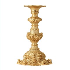 Elegant gold candle holder with intricate designs, isolated on white background.