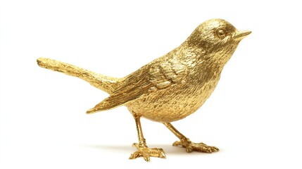 Golden bird sculpture on white background, detailed and artistic representation.