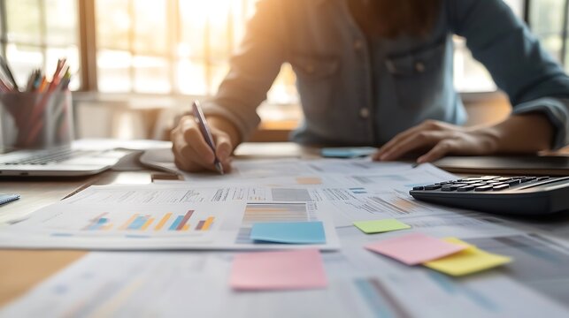 Accountant reviewing printed financial reports at messy office desk with calculator and sticky notes under soft window daylight for audit and corporate finance work