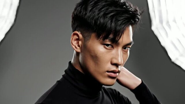 Sharp Asian Male Showcases Stylish Low Taper Fade Haircut with Confident Gaze - Studio Portrait