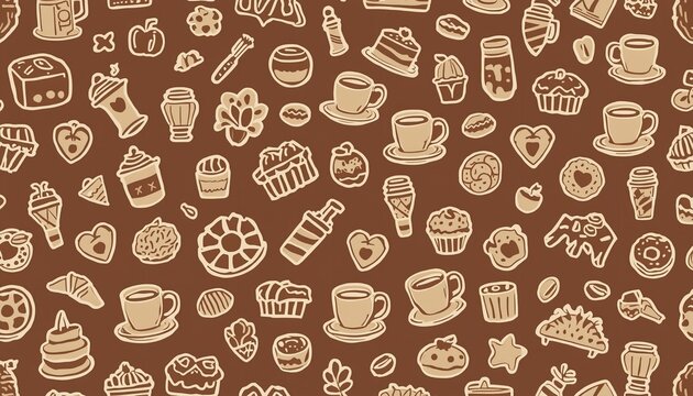 A seamless pattern of various baked goods and coffee cups on a brown background
