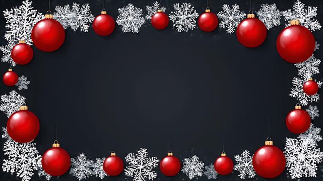 Festive Christmas Animation Loop with Snowflakes and Red Ornaments on Dark Background Perfect for Holiday Greetings 185