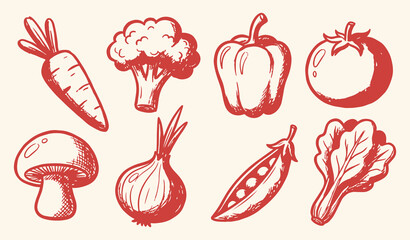 Fresh vegetable collection includes carrots, broccoli, and peppers in a healthy red hand-drawn sketch style.
