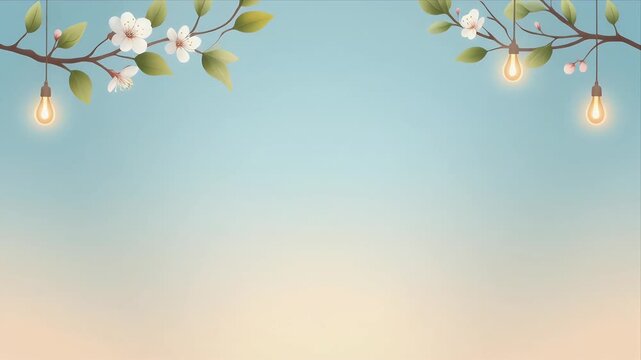 Elegant light bulbs hanging from blossoming tree branches