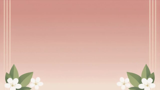 Soft peach background with elegant white flowers and green leaves