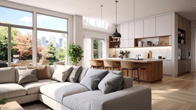 Bright and airy open concept living space with modern kitchen and comfortable seating.
