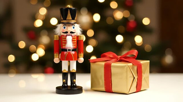 Festive Christmas Nutcracker Figurine with Gold Gift in Red Ribbon and Bokeh Lights Tree Holiday Decoration Joy