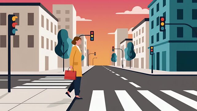 Businesswoman waiting to cross urban street at sunset