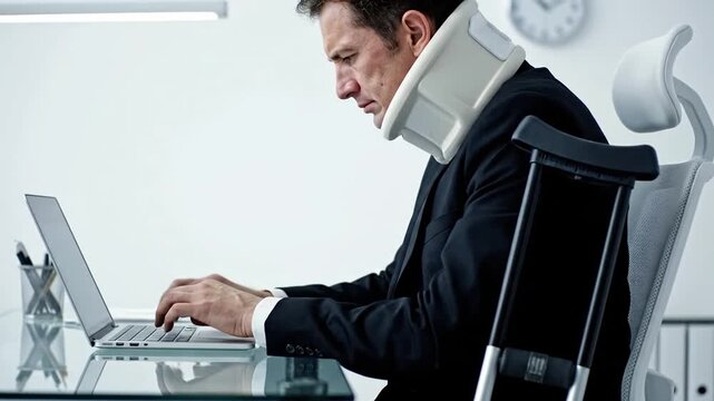 A man in a business suit with a neck brace works on a laptop while sitting in an office chair surrounded by paperwork and office supplies.