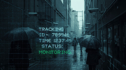 Surveillance cameras are prominently mounted on building walls, pointing towards the street, suggesting a high-tech surveillance system, with a focus on technology and urban life