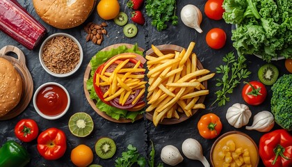 A variety of fast food and healthy food options are displayed on a dark surface