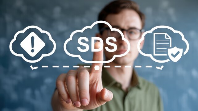 Focused man with glasses interacts with cloud system displaying SDS safety data and risk management