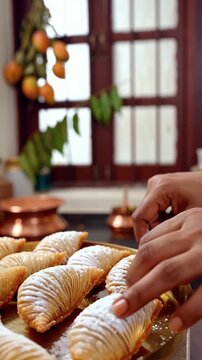 Hand placing golden-brown gujiya pastries on a copper tray near a window with hanging oranges &mdash; festive Diwali or Holi sweet preparation