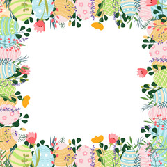 Fototapeta premium Easter floral frame with pastel eggs and spring botanical elements, cute holiday border template vector