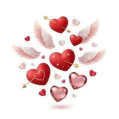 Romantic red hearts floating in the air on a beautiful white background