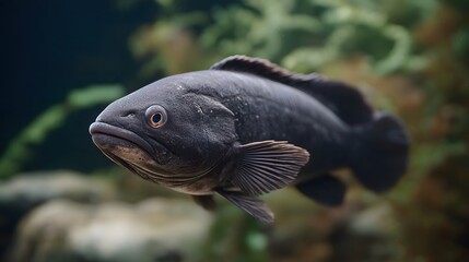 A solitary dark fish detailed and in sharp focus swims slowly through the dim twilight zone of the deep ocean
