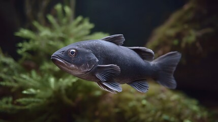A single dark fish gracefully swims in a lush underwater environment