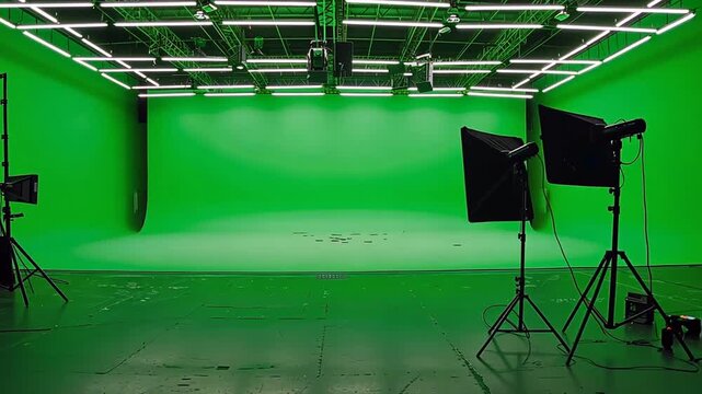 A professional photo studio with green screen setup and lighting equipment for photography.