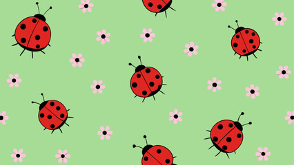 Ladybugs and pink flowers on green background