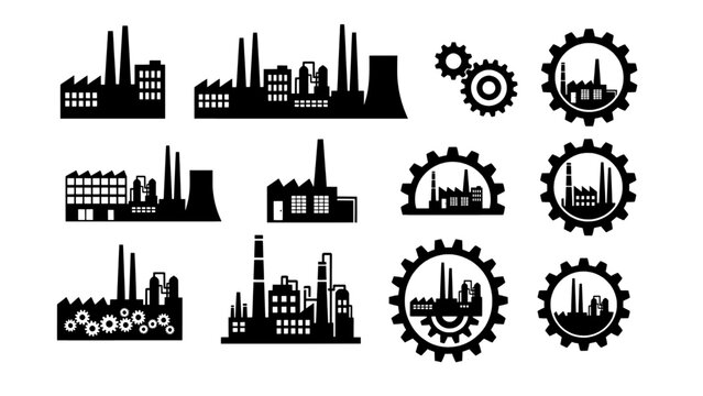 silhouette icon set featuring factories, machinery, and industrial symbols.