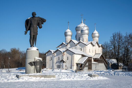 VELIKY NOVGOROD, RUSSIA - FEBRUARY 01, 2026: Monument to Prince Alexander Nevsky and Borisoglebskaya Church. Veliky Novgorod