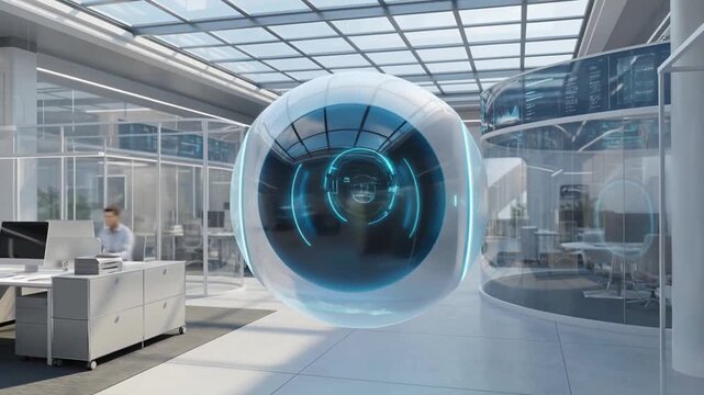 Collaborative intelligence futuristic office drone floating AI orb and assistant modern glass workspace with open plan, glass meeting pods