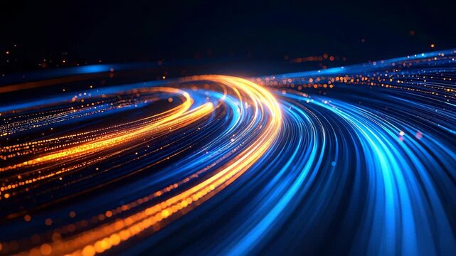 Abstract glowing blue and orange lines creating light trails and particles on dark background