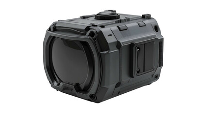 Dark, rugged rectangular device with a large lens and small side panels, angled shot