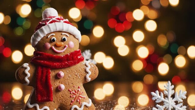 Smiling gingerbread man wearing red scarf and Santa hat on bokeh background