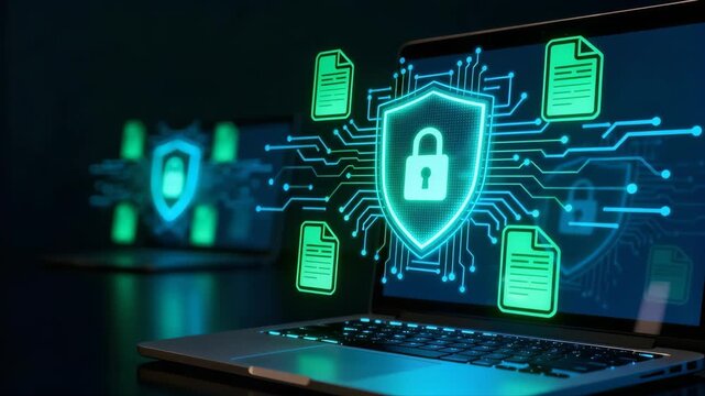 A digital circuit with a glowing displays a computer security concept for business data network hardware