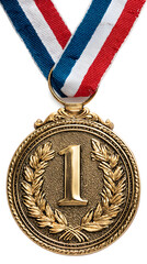 Fototapeta premium Gold medal with ribbon on white background for first place sport victory and business success