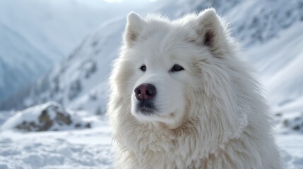 Obraz premium Samoyed dog sits in snowy landscape with mountains in the background during bright winter day