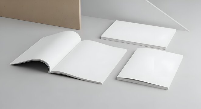 Blank White Pages in Open Book and Closed Books on Gray Surface with Cardboard Minimalist Composition