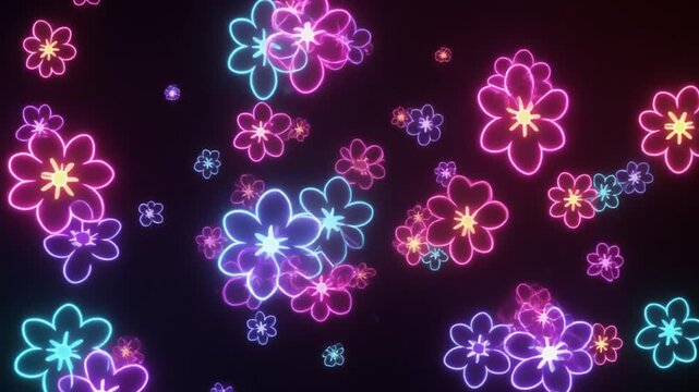 Flowers floating in dark background with glowing neon effect
