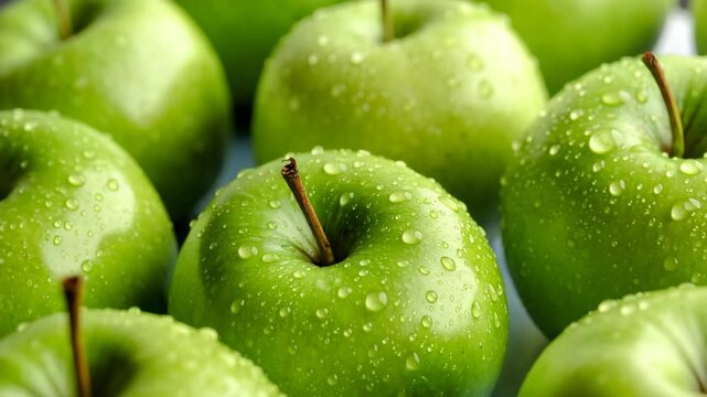 Macro shot of vibrant green apples covered in fresh water droplets