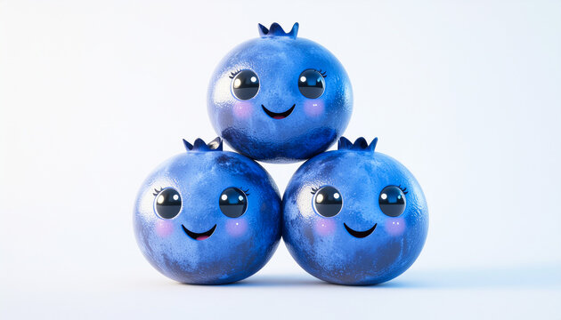 Cute Kawaii Blueberry Characters Stacked Together, Glossy 3D Cartoon Fruit Mascots with Smiling Faces, Playful Healthy Food Illustration Isolated