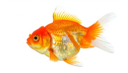 A vibrant goldfish with orange and white scales swims gracefully against a stark white background