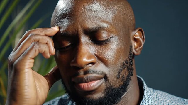 A stressed man rubs his eyes while looking at his phone indoors.