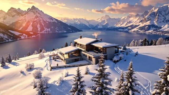 Modern house nestled in a snowy mountain landscape with a serene lake view.